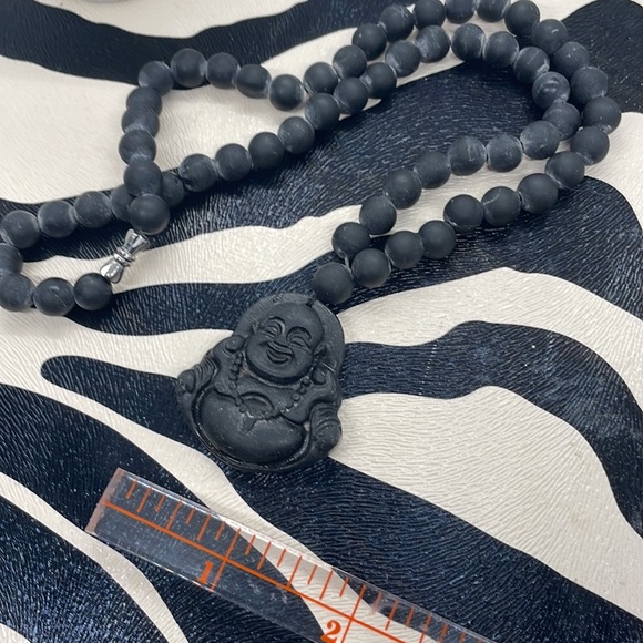 Matt Unisex Black Obsidian Carved Laughing Buddha Pendant Necklace - Picture 4 of 6